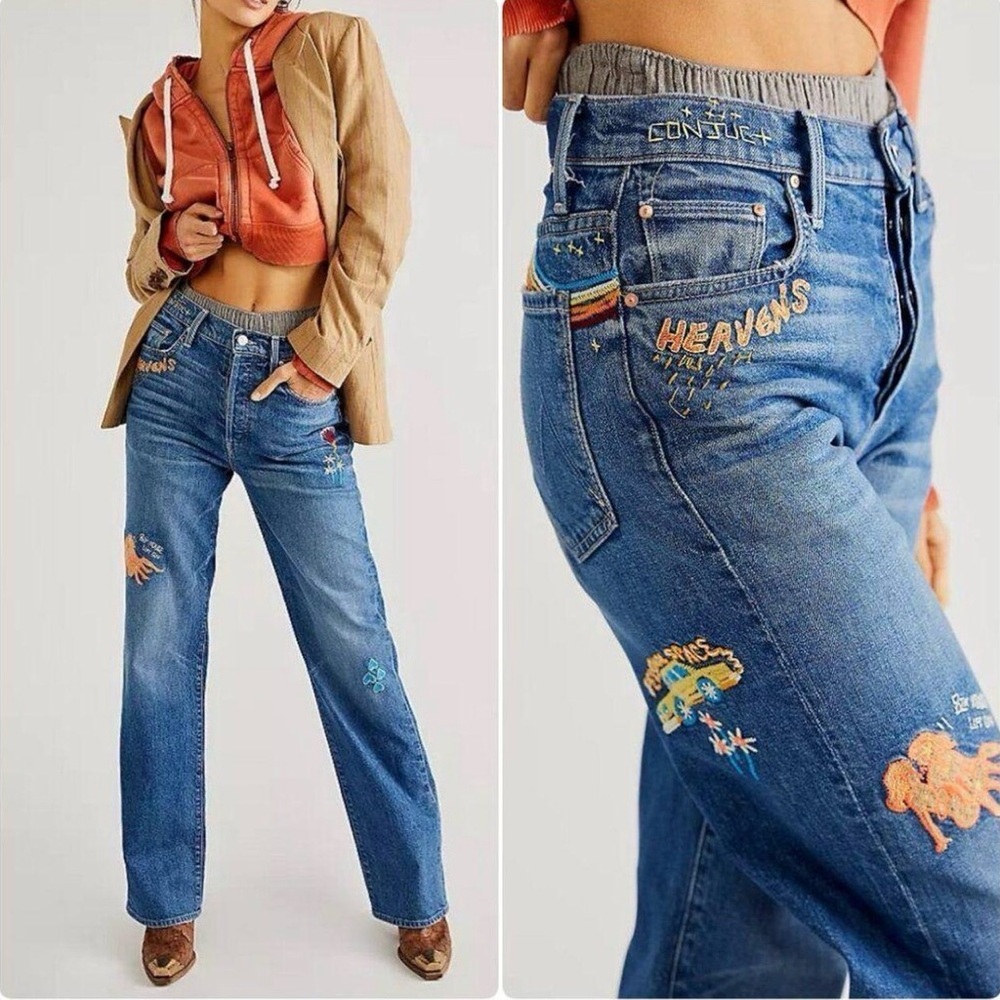 EUC MOTHER Superior Rambler Embroidered Blue Denim Jeans Size 24 - Picture 3 of 16